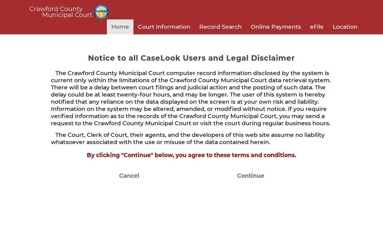 Crawford County case search Municipal Court disclaimer