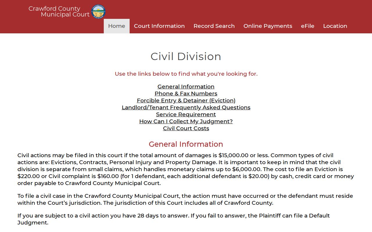Crawford County civil docket Municipal Court Civil Division page