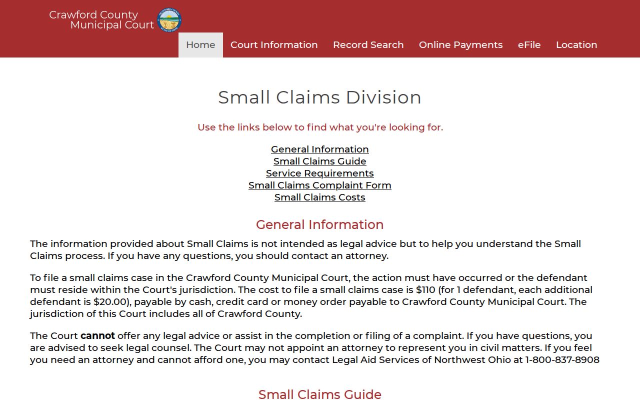 Crawford County civil docket Municipal Court Small Claims information