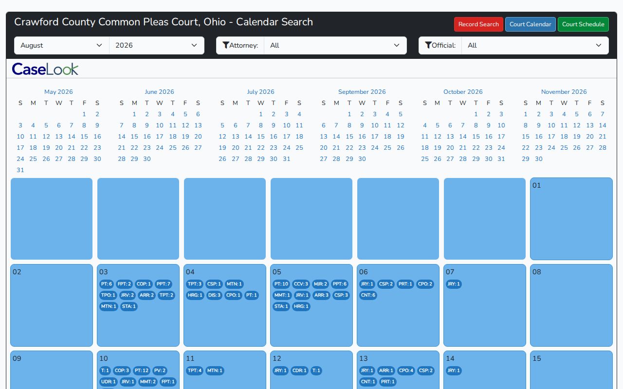 Crawford County court calendar CaseLook month and official filters