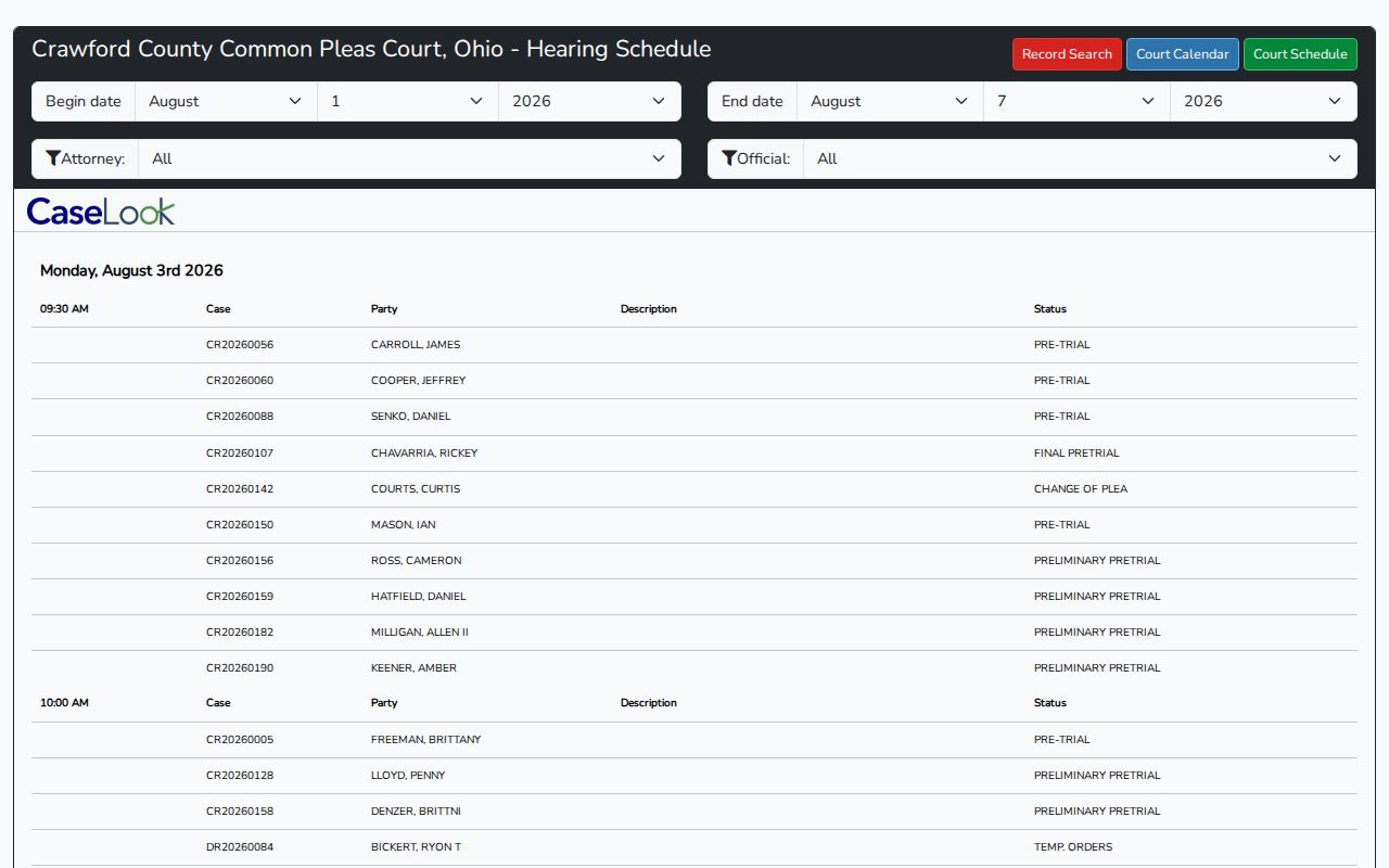 Crawford County court calendar CaseLook Court Schedule page