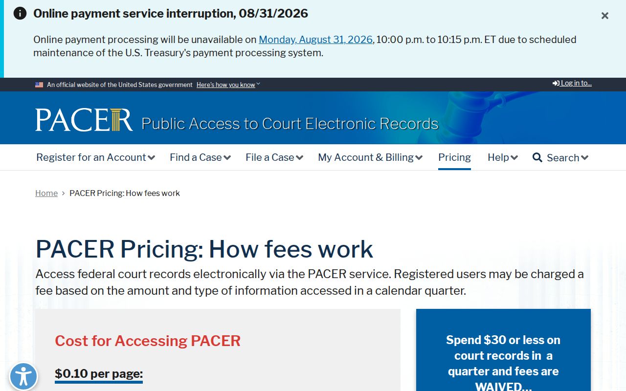 Crawford County court record federal PACER pricing page