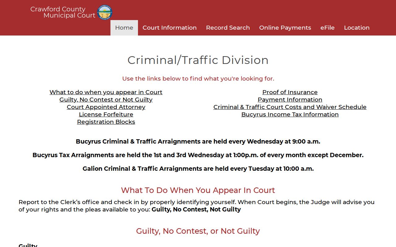 Crawford County criminal docket Municipal Court division information