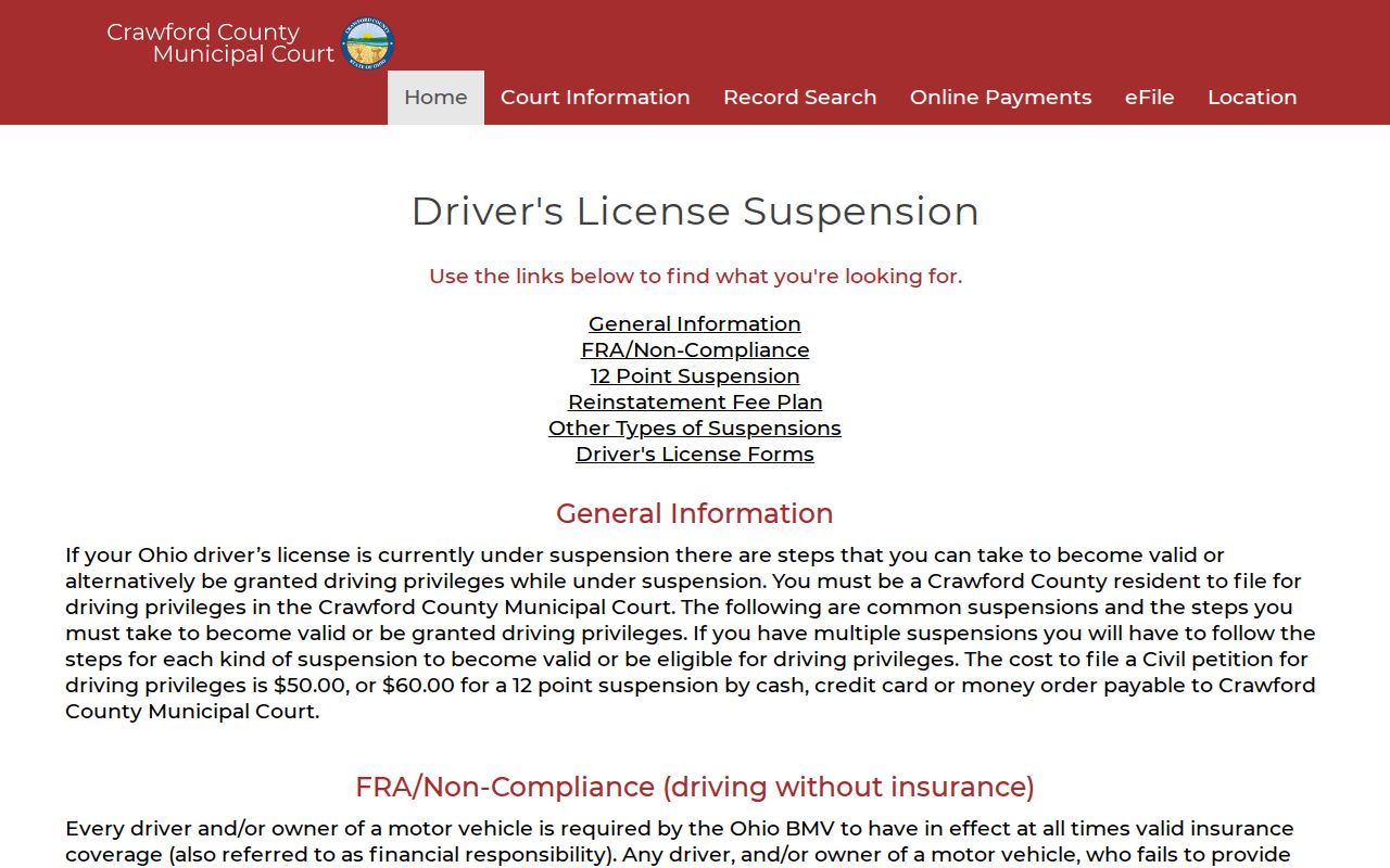 Crawford County traffic ticket suspension information